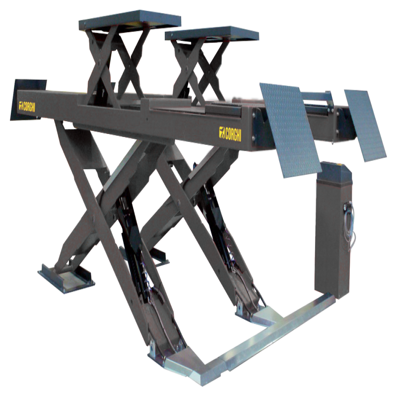 Cầu nâng cắt kéo kiểm tra góc đặt bánh xe 4,3 tấn, lắp chìm, có bàn nâng phụ, 3 pha, màu xám RAL 7024 (bao gồm đĩa lái Italy và bộ phụ kiện)